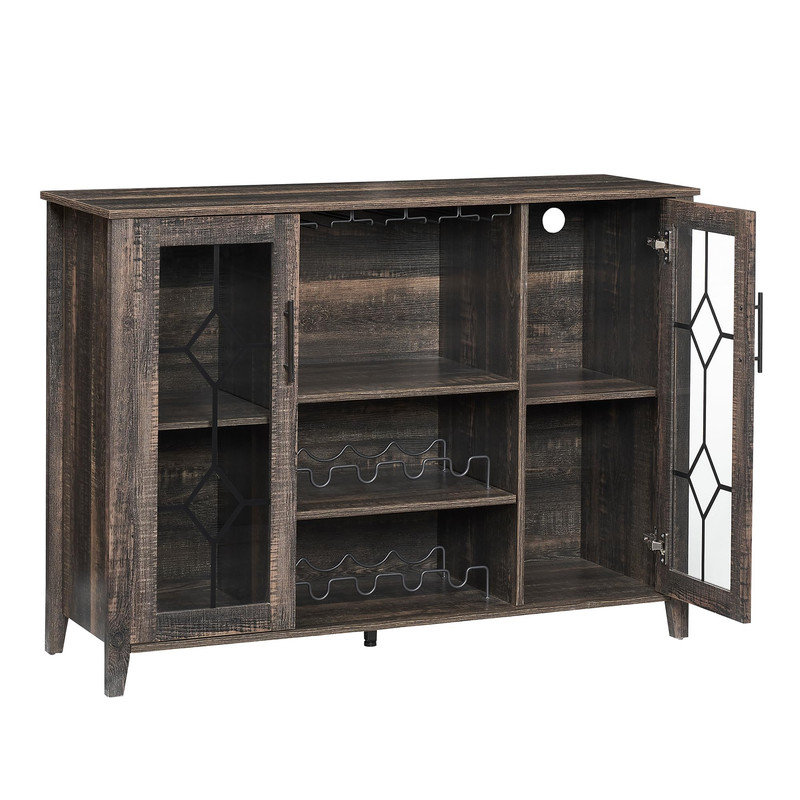 Bar à vin 47,2 "à DEL avec support en verre, tablettes réglables et rangement, Brun