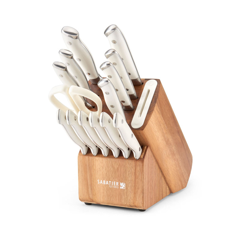 Sabatier Sabatier Acacia Forged Triple Rivet Edge keeper Knife Block Set, 15-Piece, White