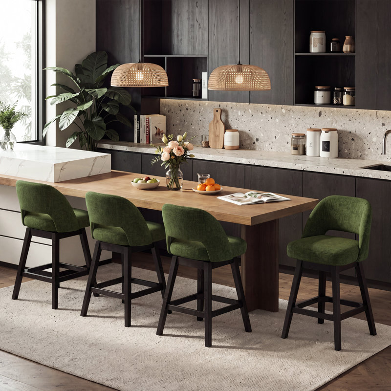 Tabouret de bar pivotant rembourré avec structure en bois massif et dossier incurvé, lot de 4, Beige