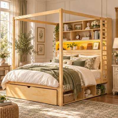 Cadre de lit à baldaquin Fairchild Queen avec éclairage DEL et station de chargement USB, tiroirs de rangement dans la tête et le pied de lit, sans sommier