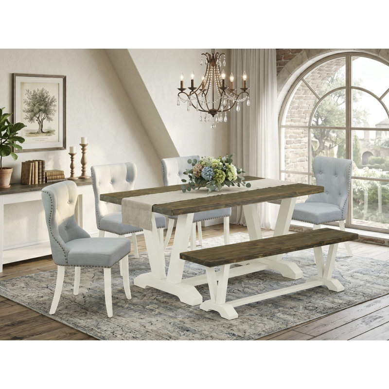 Ensemble de table de salle à manger 6 pièces - 4 chaises de cuisine en tissu de lin bleu bébé avec dossier capitonné - Une table de cuisine et 1 banc de salle à manger en lin brossé blanc.