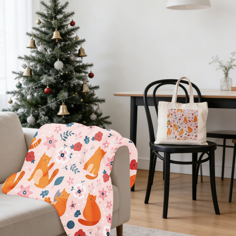 Ensemble-cadeau de Noël 2 pièces pour chat floral: couverture en flanelle 40 x 50 po + fourre-tout en toile 15,75 x 13,78 po - Paquet de décoration pour les fêtes