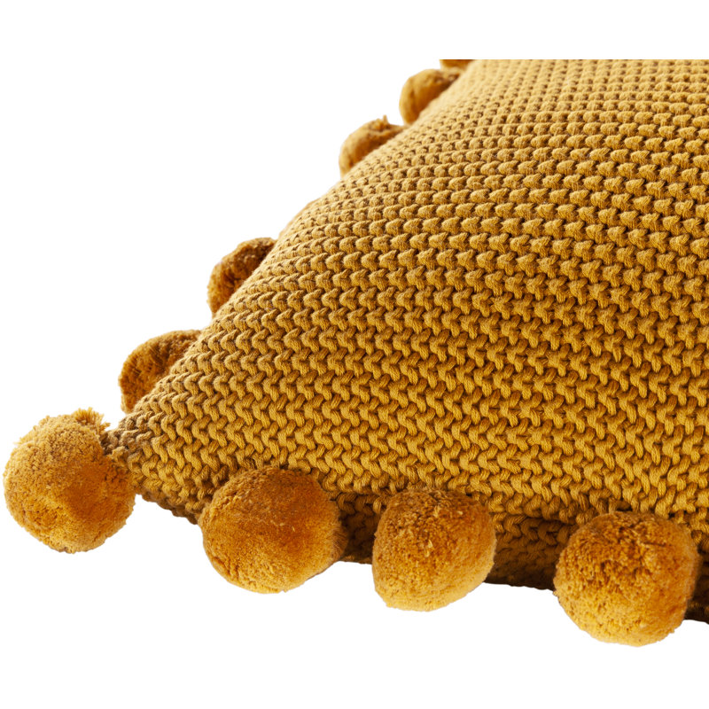 Mustard Cotton Square Kids Pillow Cover with Pom Poms