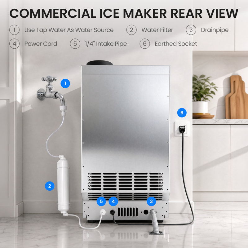 13,58 po. Machine à glaçons commerciale autoportante avec 70 lb Production quotidienne de glace, 15 lb Bac de rangement, cubes de glace en forme de croissant et conception en acier inoxydable