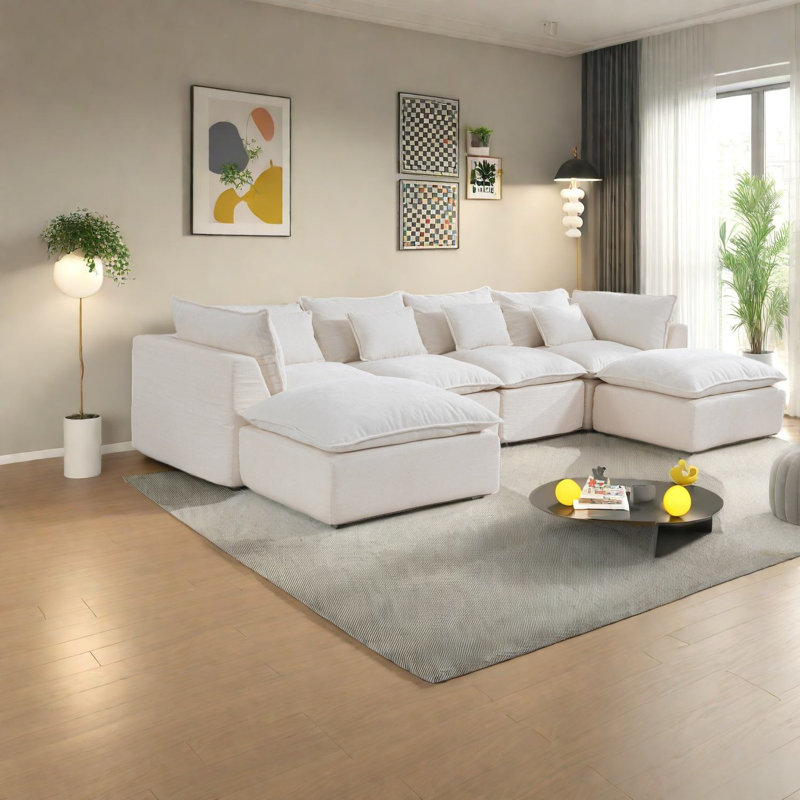 Canapés modulaires surdimensionnés, tissu gaufré en coton, salon moderne 4 places