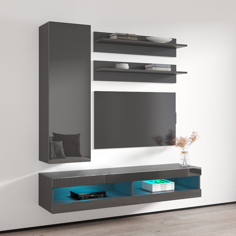 Meuble audio-vidéo mural flottant moderne de 63 po avec éclairage à DEL 16 couleurs Lollis, finition ultrabrillante, Gris