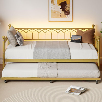 Twin Size Daybed with Trundle, Sofa Bed Frame with Charging Station and LED Lights, Heavy Duty Metal Bed Frame