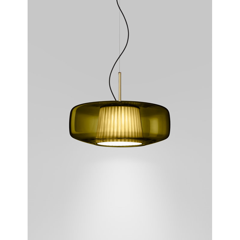 Plisse' Suspension G Smoky Pongee Silk_Plisse' Matt Steel L22cc Ul, Old Green Pongee Silk, Matte Steel, 3000 Kelvins
