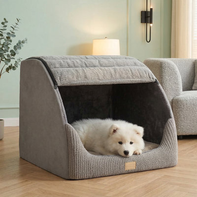 Niche pour chien spacieuse, lit couvert moelleux de style caverne avec coussin lavable doux, abri de tente portable pour petits et moyens chiens, gris, taille grand