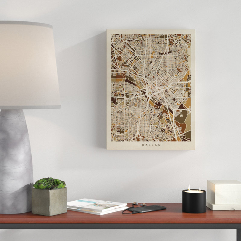 « dallas texas city map brown », impression sur toile tendue, H 19 po x l 14 po x P 2 po