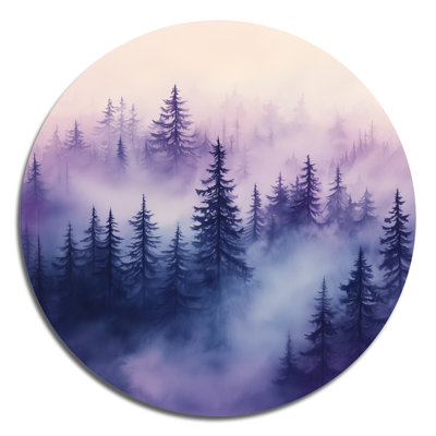 Décoration murale ronde en métal Misty Pine Forest - Paysages
