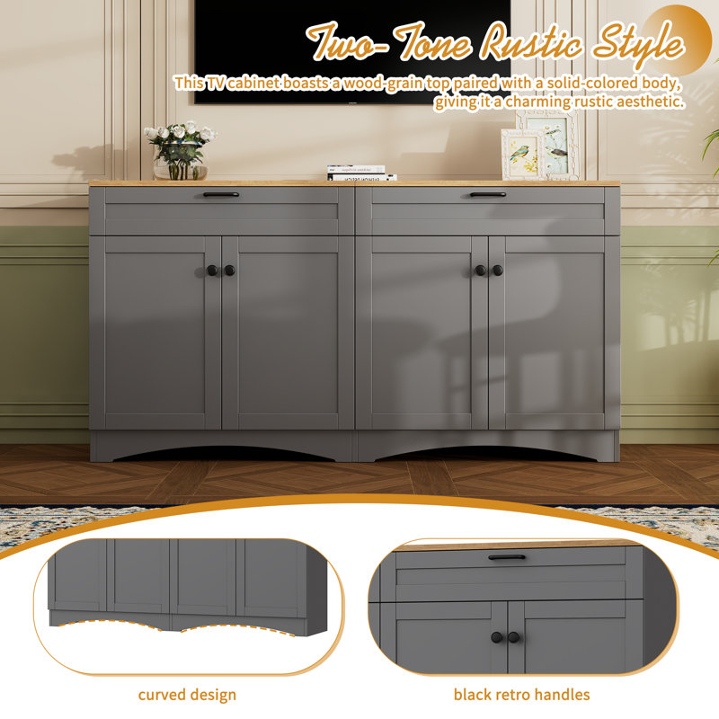 Rustic Two-Tone 63" TV Stand With Adjustable Shelves, Drawers & Multi-Use Storage, Grey