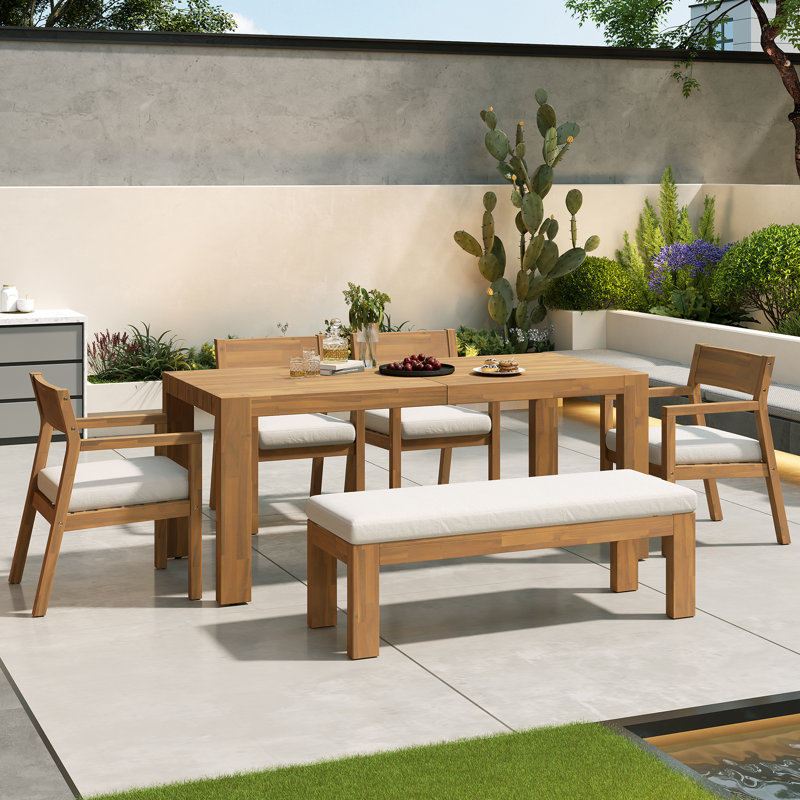 Jorvella 6 - Person Acacia Wood Outdoor Dining Set With Cushions, Light Teak