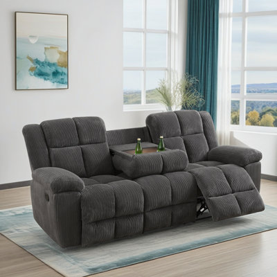 Canapé inclinable pour 3 personnes avec table rabattable et porte-gobelets, velours côtelé doux