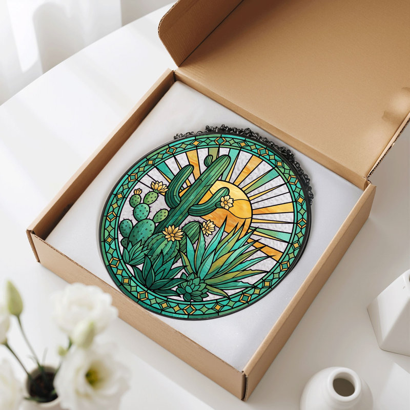 Desert Sunset Stained Glass Window Panel，7.8H, 7.8"H