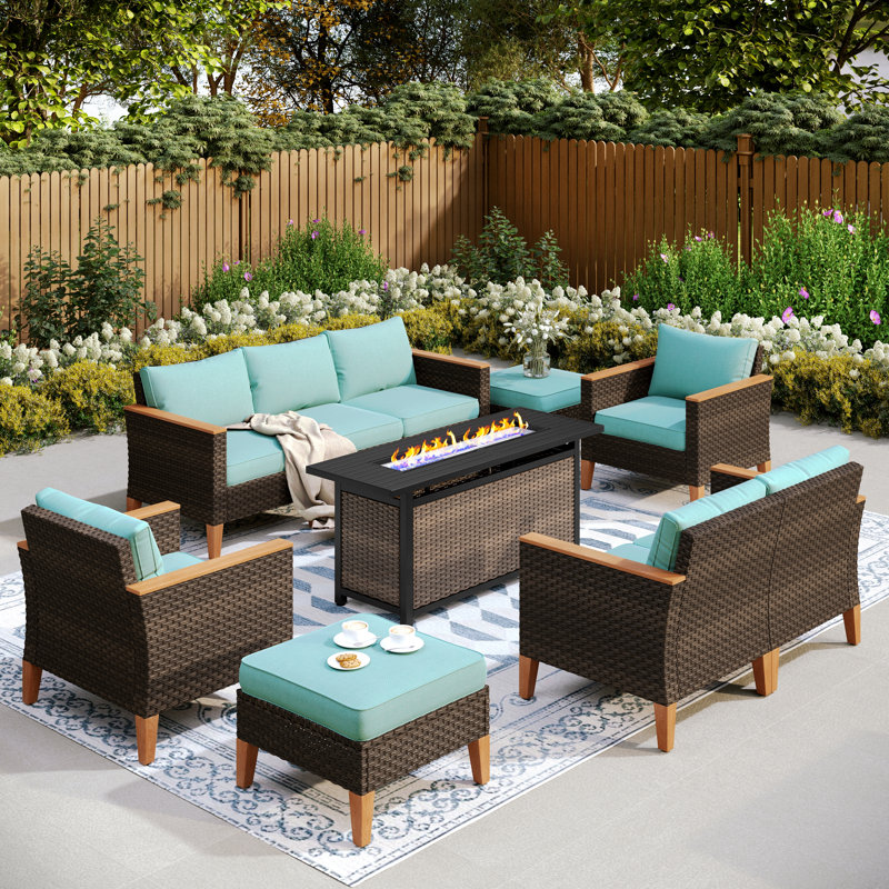 Argyri 9-Piece Wicker Outdoor Patio Conversation Furniture Sectional Set with Fire Pit Table, Yes, Blue