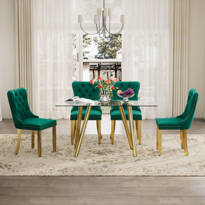 Ensemble de table de salle à manger rectangulaire en verre trempé, table de salle à manger de luxe avec chaise de salle à manger en velours capitonné