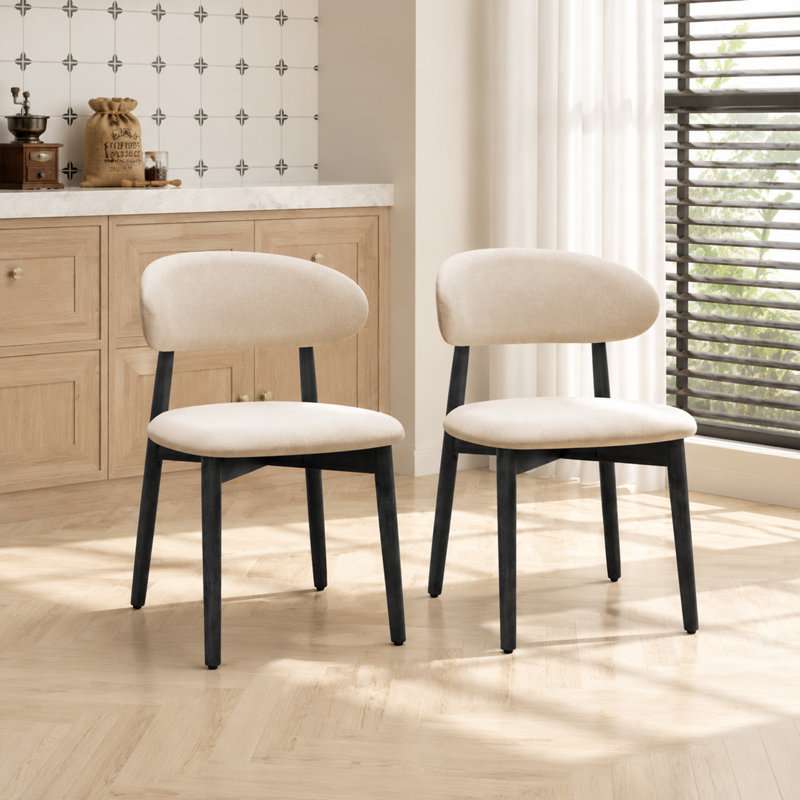 Mid Century Modern Dining Chairs With Brown Solid Wood Legs, Beige Kitchen Chairs, Black, 2