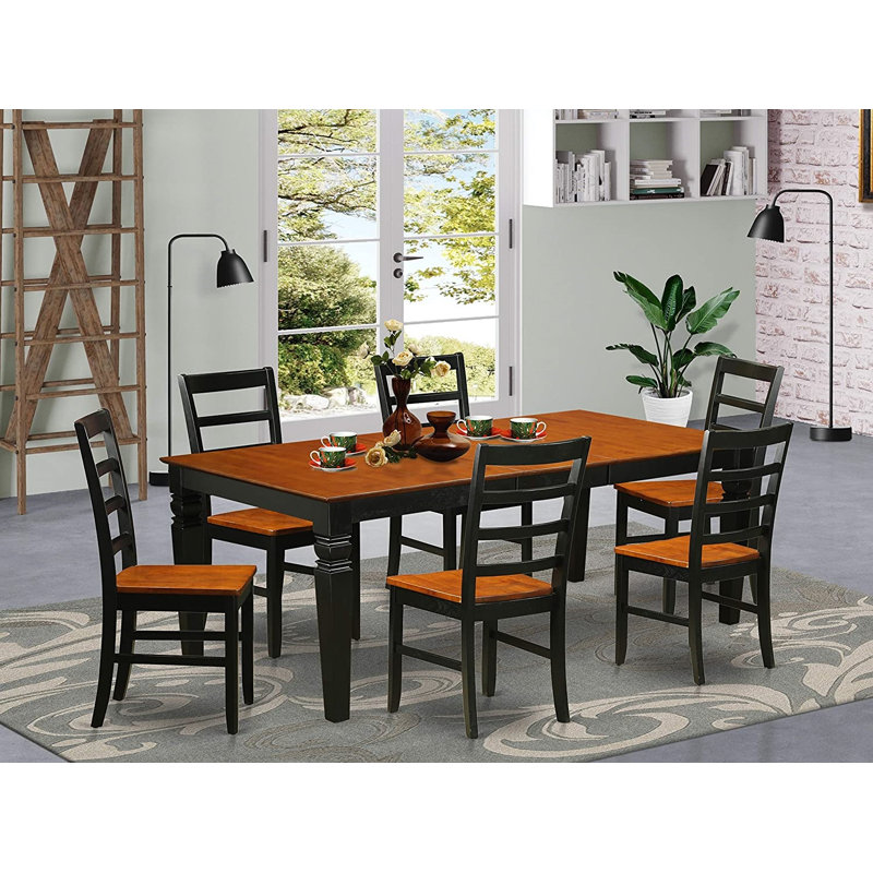 Ensemble de mobilier de salle à manger 7 pièces composé d'une table rectangulaire en bois avec feuille papillon et 6 chaises de cuisine, noir et cerise