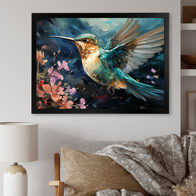 Colibri vert émeraude en fleurs II - Colibri, art mural, Cadre d'angle fermé noir, H 12 po x l 20 po x P 1 po