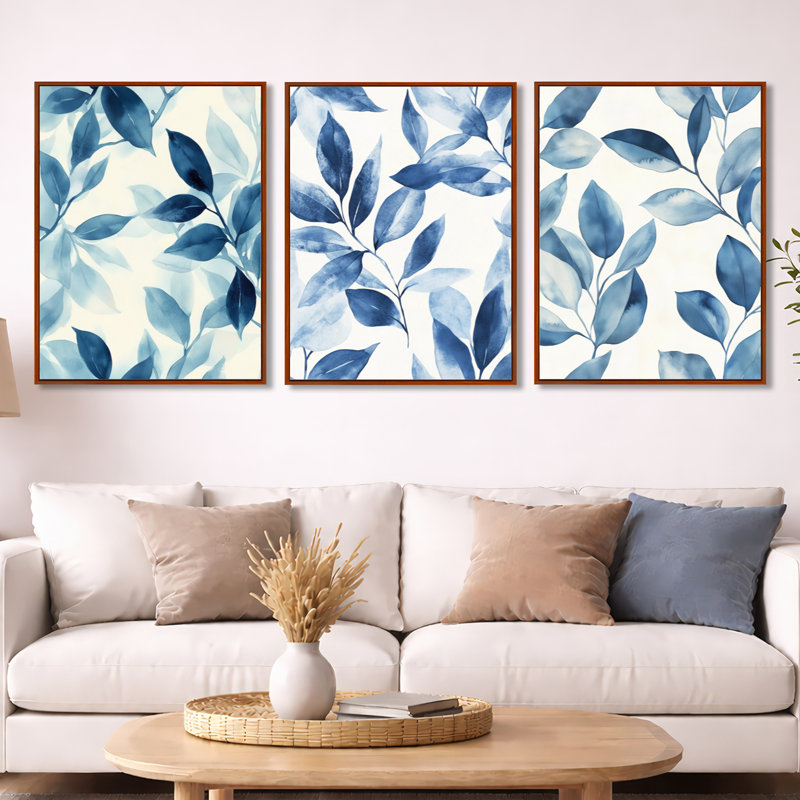«Blue Botanical Wash - Ivory Leaves», art mural 3 pièces, 32" H x 72" W, Brown Floater Framed