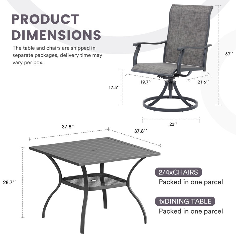 Outdoor Patio Dining Set with 4-person Square Dining Table and  Swivel Chairs, Gray/Gray