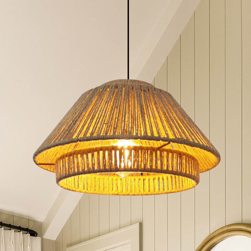 Paquet de 1 lustre en corde de chanvre et en rotin - E26, hauteur réglable (ampoule non incluse)