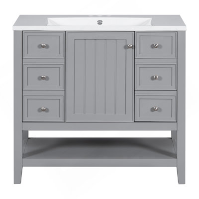 Meuble-lavabo 36 po avec lavabo, une armoire et trois tiroirs, panneau de bois et panneau de fibres à densité moyenne, gris