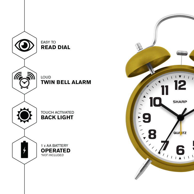 Sharp Twin Bell Quartz Analog Alarm Clock, Gold