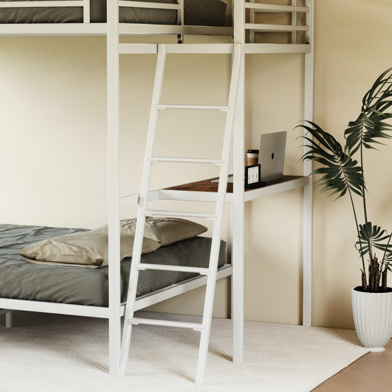 Lit superposé de taille avec bureau, couleur blanche, éclairage à DEL, métal robuste et solutions de rangement, structure, dans des sacs d'escalier, caractéristiques
