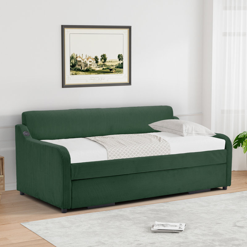 Lit de jour simple avec couchette et port USB Upholstery, Velours côtelé vert émeraude