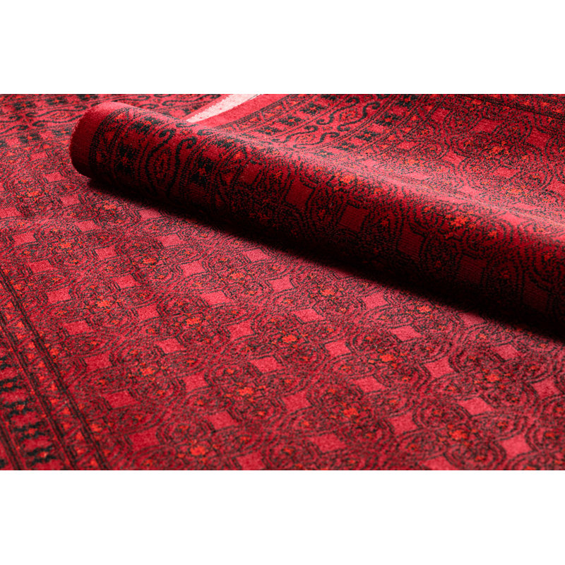 Luca 2958 – Elegant rug with fringes in burgundy & black – Classic Lucaal rug with ornamental & frame pattern