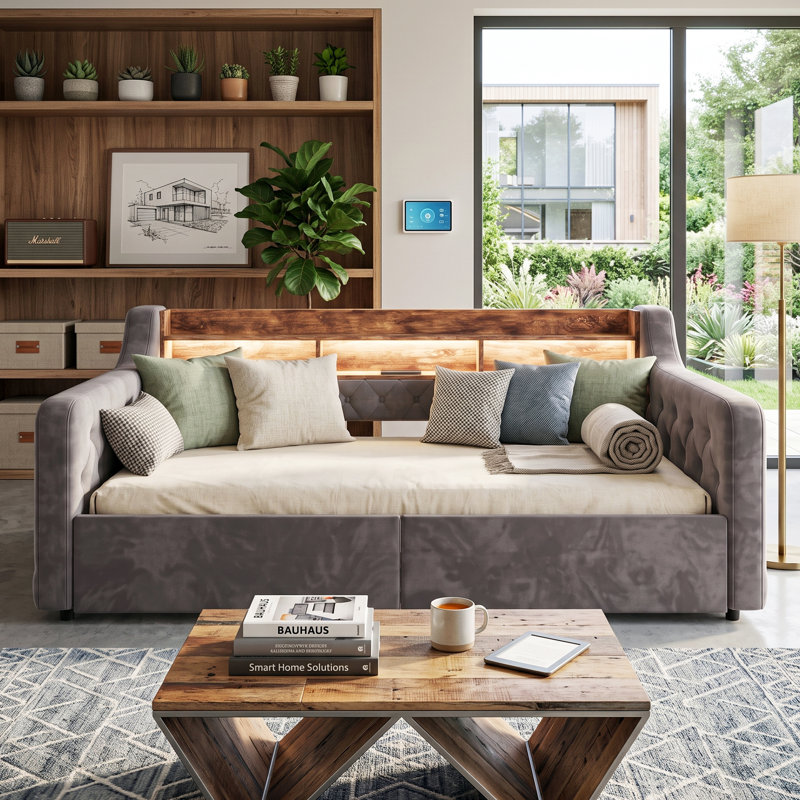 Smart Upholstered Storage Daybeds Upholstered Velvet Daybed, Dark Grey