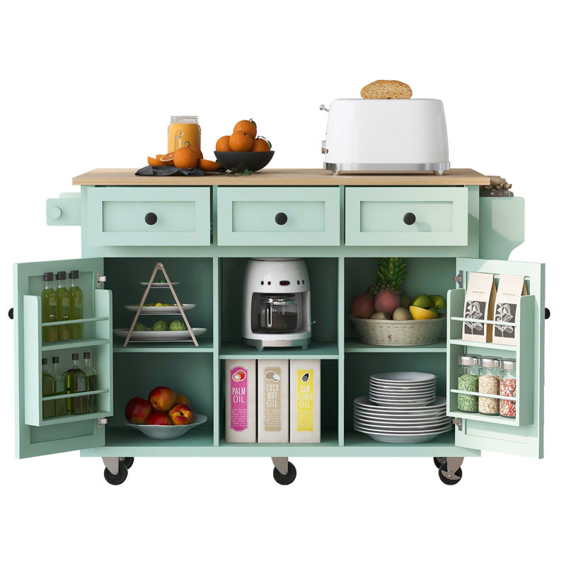 Chariot de cuisine avec comptoir à abattants en bois d'hévéa, Vert menthe