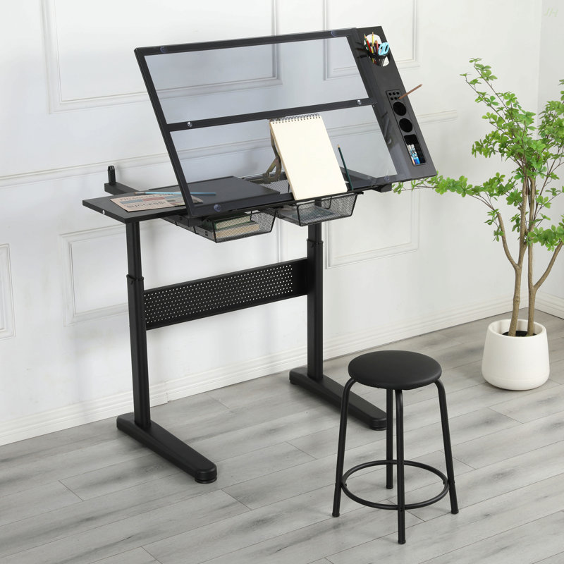 Hand Crank Adjustable Drafting Table Drawing Desk With 2 Metal Drawers (BLACK)WITH STOOL, Black