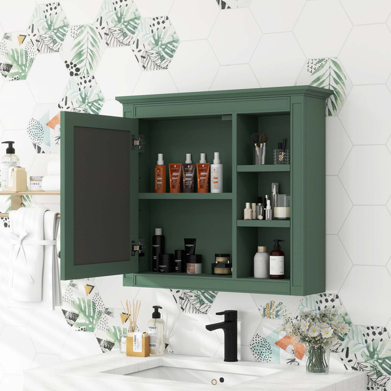 Armoire à pharmacie murale moderne avec miroir et 3 tablettes ouvertes, Vert
