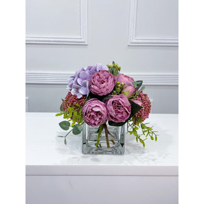 Faux Purple Peony Rose Hydrangea Centerpiece in Glass Vase
