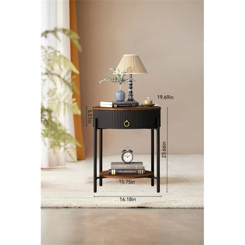 Table de chevet ronde à double couche - Table d'appoint moderne avec tiroir de rangement, Noir / brun