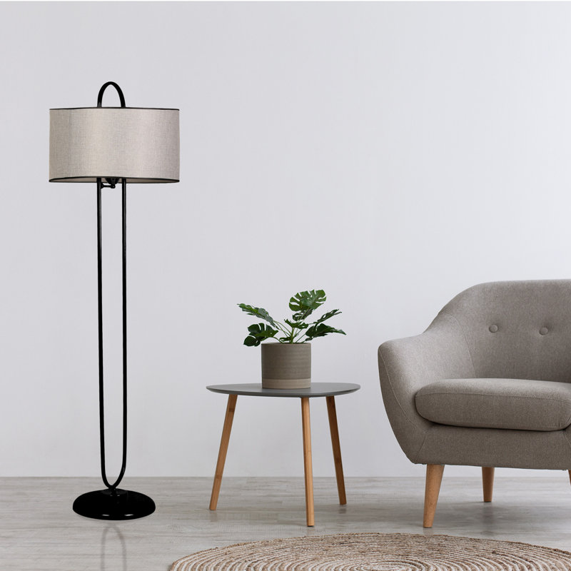 Lampe sur pied scandinave, noire et grise, 59,1 pouces de hauteur | Corps en métal avec capuchon en tissu (17,7 pouces de diamètre) | Interrupteur marche / arrêt sur câble, douille E27 (40 W maximum) | Design moderne et élégant pour le salon et la chambre à coucher