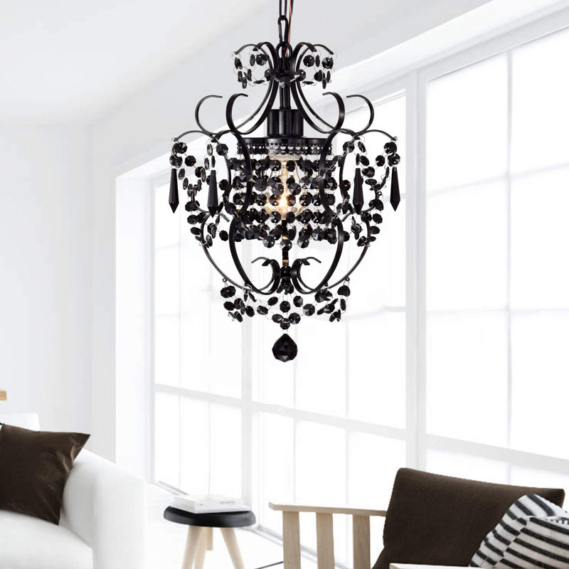 Modern Mini Crystal Chandelier, Small Hanging Light Fixture with 1 Light, Black