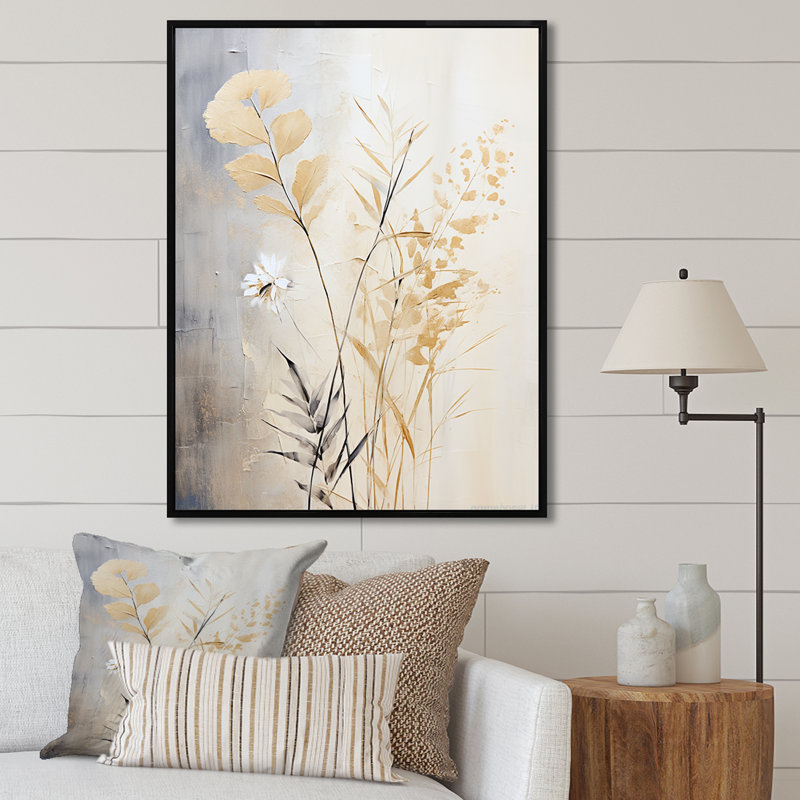 «Beige Herbs Minimal Harmony III», reproduction d'art sur toile, Black Picture Framed, H 32 po x l 16 po