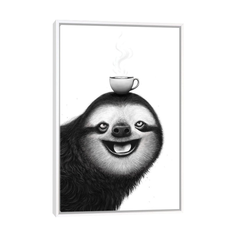 Paresseux avec cappuccino - reproduction d'art murale - toile encadrée, 48" x 32", Toile avec cadre, White