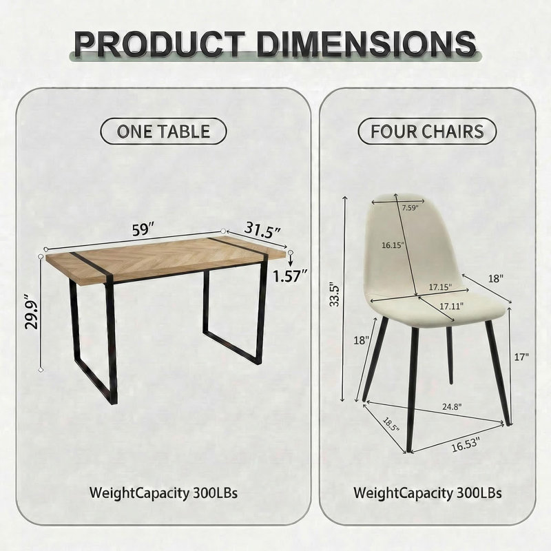 Modern Industrial 5-piece Dining Set, 59" Rectangular Table&4 Upholstered Chairs