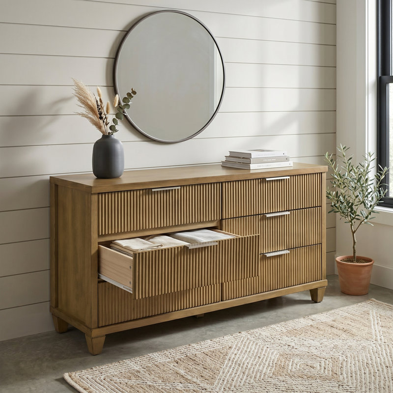 Aurelin Mid-Century Modern 54.8"W 6 Drawer Dresser, Antique Oak