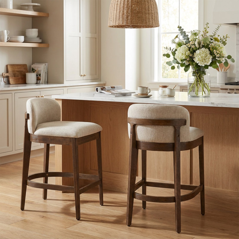 Tabouret de comptoir Harlow, Siège beige / structure en noyer, 2