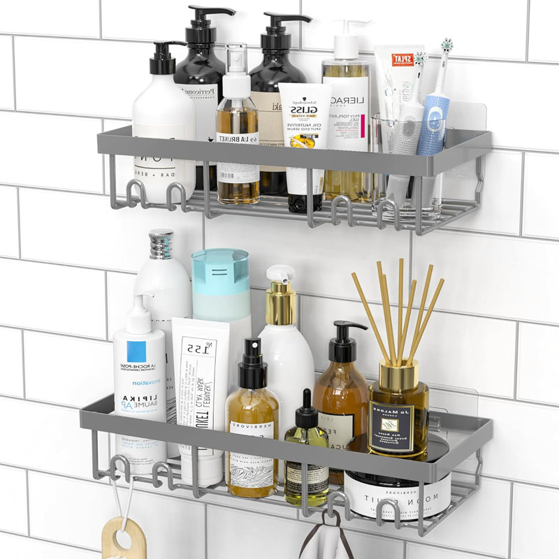 Support de rangement pour tablette de douche, panier de tablettes de salle de bain auto-adhésif, Gris