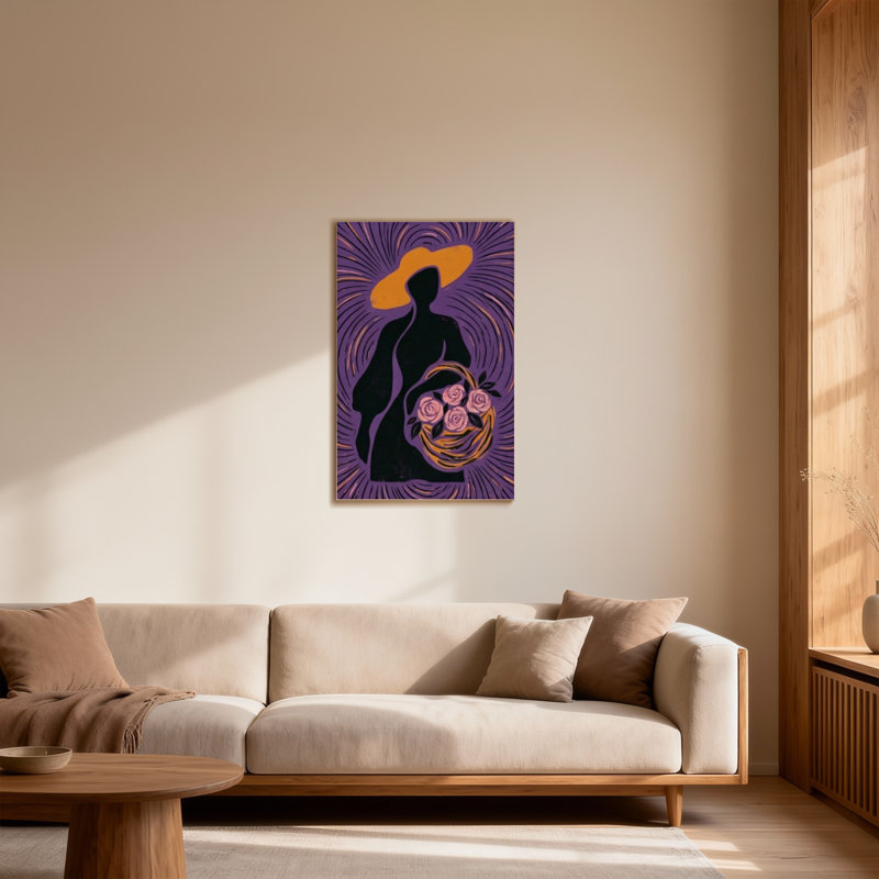 Plantes et fleurs, silhouette d'une femme avec un chapeau et des fleurs, H 20 po x l 30 po