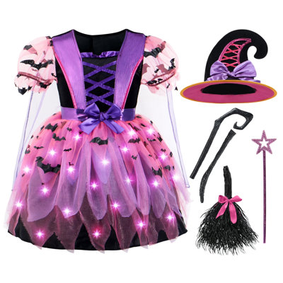 Girls Light Up Witch Costume, Kids Witch Costume with Hat and Broom L