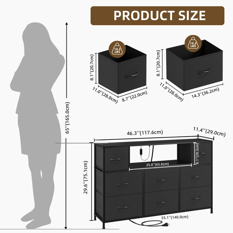 Meuble télé noir Eunos pour téléviseur 65 po avec 8 tiroirs, DEL et prises de courant pour chambre à coucher, salon, black