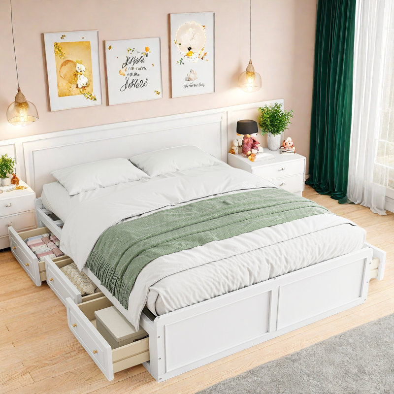 Lit plateforme en bois avec 6 tiroirs, sans tête de lit, Blanc